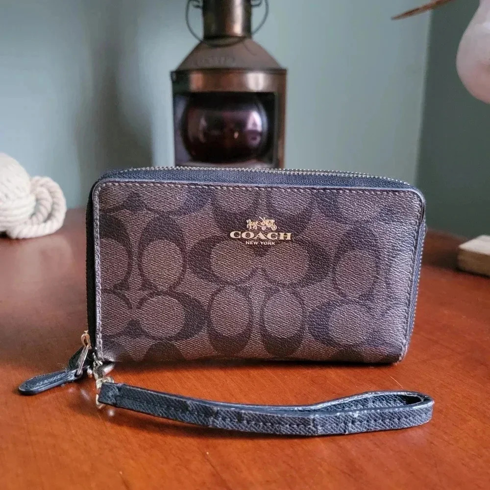 Coach F53937 Double Zip Wallet Wristlet Brown Black Signature Canvas
